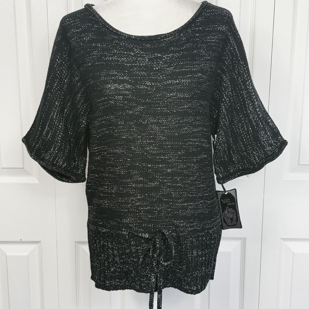 NWT Yoki Collection New York Black Metallic Tie Front Sweater XL